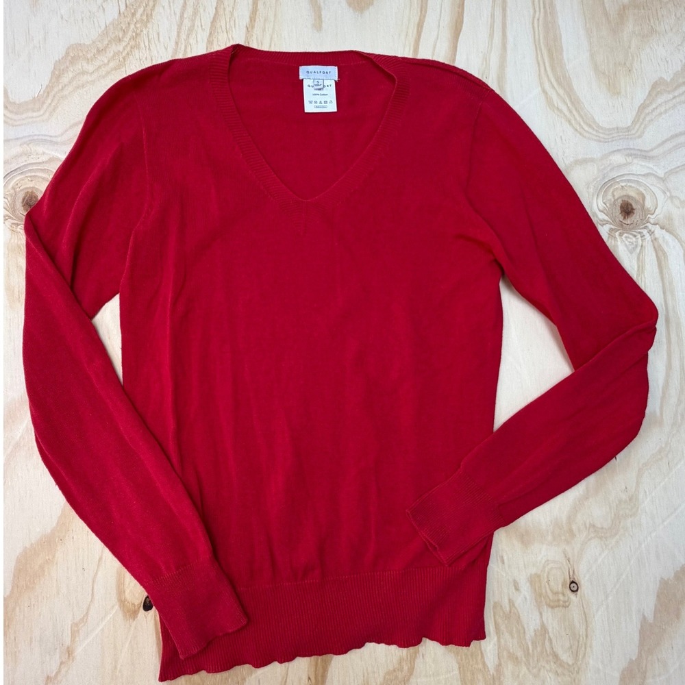 Qualfort‎ Womens Red 100% Cotton V-Neck Long Sleeve Knit Sweater Size Small
